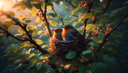 Robins nest in the branches of a tree with green leaves at dawn