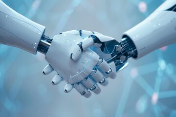 Close-up of two robotic hands shaking, symbolizing advanced technology and artificial intelligence collaboration