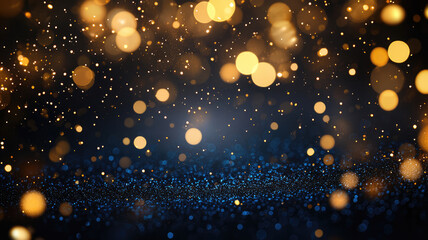Wall Mural - black and gold background with glitter bokeh effect, blue and gold, luxury, party, celebration, christmas, new year, birthday, detailed hyper realistic image