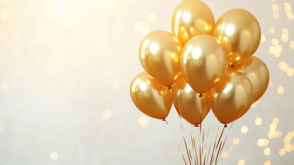 Wall Mural - celebration party banner with gold balloons on bright background with copy space, holiday concept, detailed and realistic image