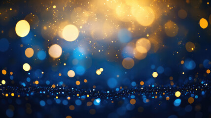 Wall Mural - blue and gold bokeh, gold and silver, depth of field, defocus, haze, golden lights, blue and gold background, luxury feeling, blue night lights, dark background, party, detailed high resolution photo