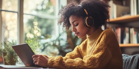 Aufkleber - Detailed view of a person studying at a desk with a tablet and headphones, emphasizing the focus and convenience of remote learning