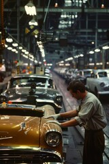 Wall Mural - Engineer Calibrating Machinery in High-Tech Automobile Factory for Precision Manufacturing