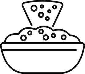 Poster - Line art icon of a bowl of dipping sauce with nacho chips being dipped in