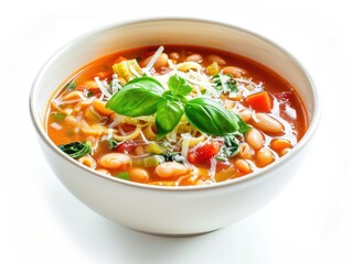 Wall Mural - A bowl of hearty vegetable soup garnished with fresh basil and cheese.