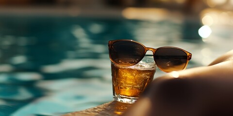 Macro shot of a person lounging by the pool with sunglasses and a drink, capturing the relaxation and enjoyment of leisure moments