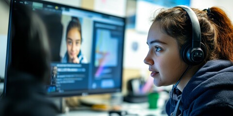 Aufkleber - Close-up of a student participating in a video call with a teacher, highlighting the connectivity and engagement in virtual learning environments