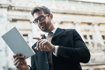 Poster - Business, man and happy outdoor with tablet on street for connection, communication and networking as lawyer. Entrepreneur, employee and smile for reading with social media post, email notification