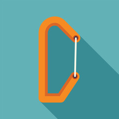 Wall Mural - Orange climbing carabiner laying on a blue background with a long shadow