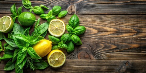 Fresh basil, lemon, and lime leaves on a rustic wooden background, herbs, aromatic, cooking, ingredients, organic, healthy, green