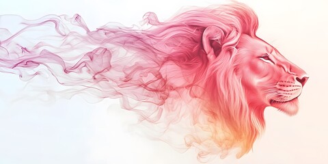  Lion head made of liquid, vector illustration on a white background. The color palette is a dreamy, pastel blend of light pinks and yellows