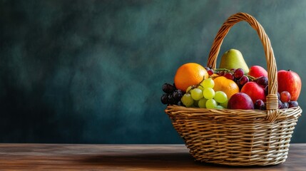 Wall Mural - Wicker Basket Filled with Fresh Fruit on a Rustic Wooden Table