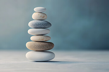 pebble tower balance harmony pyramid stones arrangement on calm blue relaxing background. simple poi