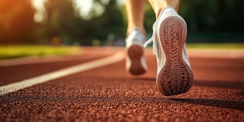 Close-up of a runnerG??s feet in high-performance sneakers on a track, highlighting the intensity and focus of athletic activities