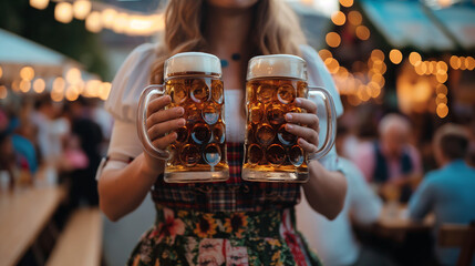 Bavarian woman with floral dirndl holding two beer steins at Oktoberfest in Munich Germany. The celebration, holidays, festival concept. Generative AI.