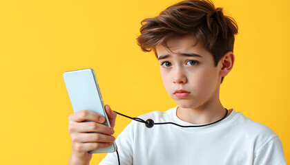 Photo of funny doubtful boy wear white t-shirt tying modern device looking emtpy space isolated yellow color background isolated with white highlights, png