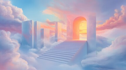 Wall Mural - a white staircase leads to a bright orange archway