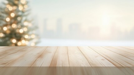 Wall Mural - A wooden table with a Christmas tree in the background