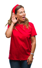 Sticker - Middle age senior hispanic woman over isolated background smiling with hand over ear listening an hearing to rumor or gossip. Deafness concept.