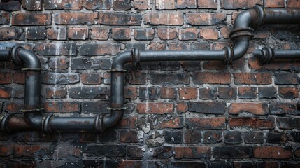 Industrial brick wall with exposed pipes.