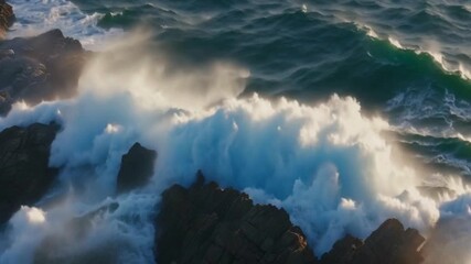 Poster - Waves crash against rocky coast at sunset in a coastal landscape, 4K footage