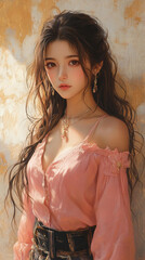 Wall Mural - A beautiful girl with long hair in a pink blouse, half-body portrait with side face, delicate makeup, and soft lighting, Set against a light orange and white marble wall