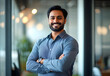 © john - Happy Indian businessman professional leader standing arms crossed in office. Smiling male employee, business man company executive manager, confident eastern entrepreneur at work, 