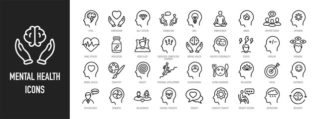 mental health web icons in line style. psychology, depression, bipolar, ptsd, therapy, psychologist,