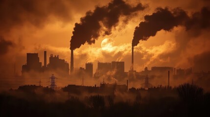 Wall Mural - Industrial Skyline at Sunset with Smoke Emissions from Factory Chimneys and Power Lines Silhouetted Against an Orange Sky