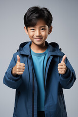 young Asian kid wearing a beige outfit is doing a thumb up, isolated on a white isolated background