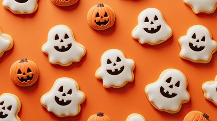 A pattern of smiling Halloween ghosts and pumpkins cookies on an orange background