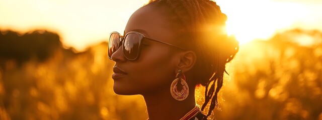 A photograph of an African woman with long hair in braids, wearing round sunglasses and earrings, standing against the backdrop of golden sunset fields.