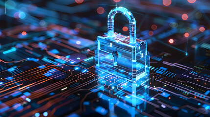 cybersecurity network illustration with lock and circuit board