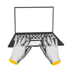 halftone hands work on laptop computer with blank screen modern art collage cut out from magazine el