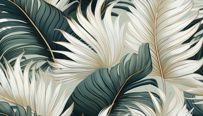 Wall Mural - Vintage tropical green brown leaves, beige background, golden texture. Luxury mural, premium wallpaper. 3d painting illustration, watercolor design. 