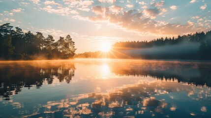 Sunrise Over a Misty Lake