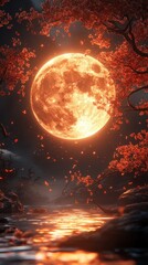 cute 3d blender of a full moon shining brightly over a mid-autumn festival scene, soft glow, close-u