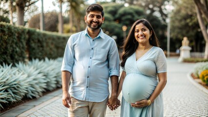 Canvas Print -  happy asian indian pregnant woman with her husband