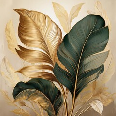 Wall Mural - Vintage tropical green brown leaves, beige background, golden texture. Luxury mural, premium wallpaper. 3d painting illustration, watercolor design. 