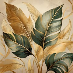 Wall Mural - Vintage tropical green brown leaves, beige background, golden texture. Luxury mural, premium wallpaper. 3d painting illustration, watercolor design. 