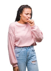 Wall Mural - Young braided hair african american girl wearing sweater over isolated background feeling unwell and coughing as symptom for cold or bronchitis. Healthcare concept.