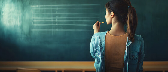 Poster - Female teacher writing on blackboard in an empty classroom, concept for education and school.