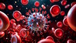 © DALITALI  - Microscopic view of  blood cells with  virus ,   3D render  medical research illustration.