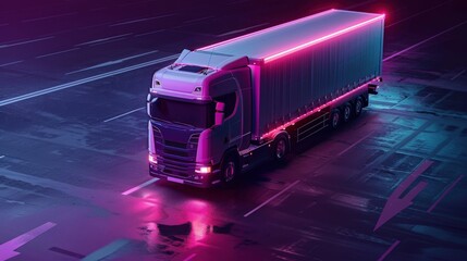 A truck with neon lights on it is driving down a road