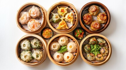 Wall Mural - A variety of dumplings are displayed in a wooden bowl