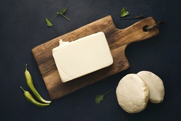 lard on board and on a table, on dark background