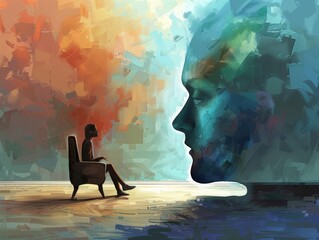 Wall Mural - A man sits in a chair looking at a painting of a face