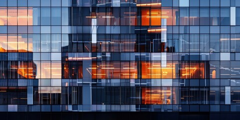 Sticker - Modern architectural facade with reflective glass panels showcasing vibrant orange lighting at dusk