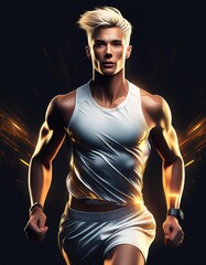 Wall Mural - portrait of a blonde man athlete runner wearing a white top on black background	