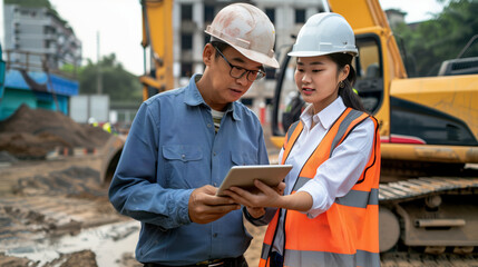 Poster - Chinese Male civil engineer demonstrating plans on a tablet to a female inspector